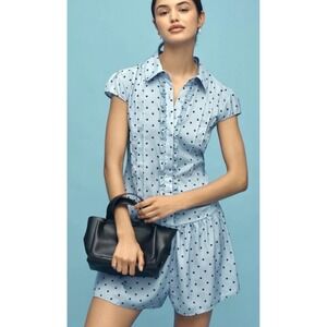NWT Maeve Anthropologie Polka Dot Cap Sleeve Button Front Romper Blue Size L